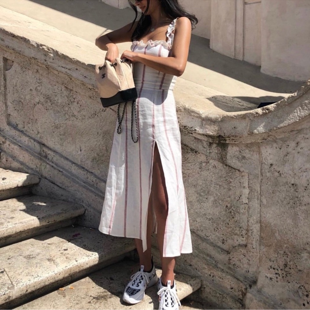Reformation White and Pink Striped Midi Dress